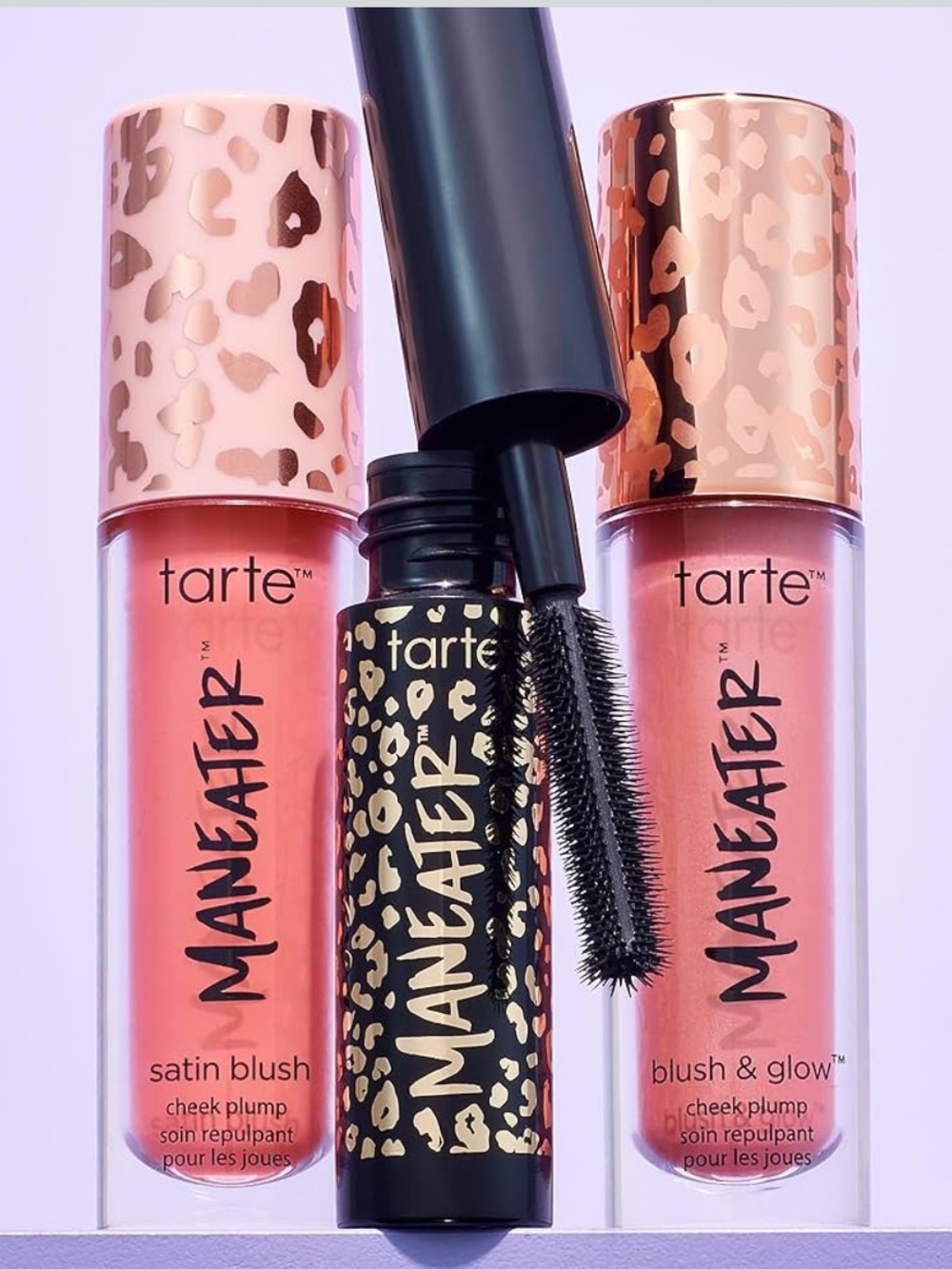 tarte Maneater Mascara with Cinnamon Satin Blush and Berry Blush and Glow